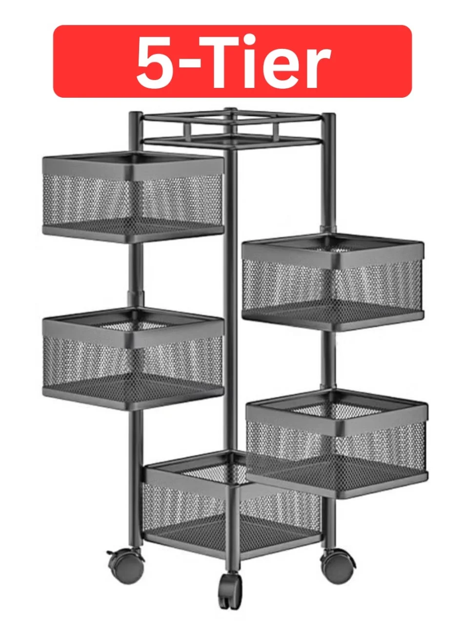 Bannuti 5-Tier Rotating Kitchen Storage Rack, Metal Mesh Rolling Trolley Cart for Fruits Vegetables and Pantry Organization (Black, 90 cm) 5omws