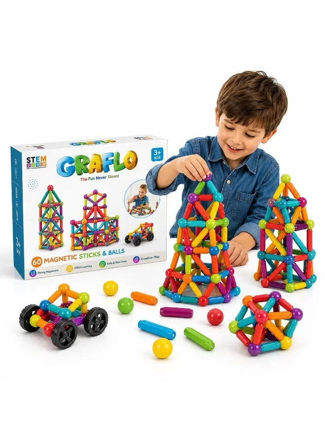 GRAFLO Magnetic Building Blocks Construction Set (60 Pieces) STEM Educational Toy for Kids 3uel2