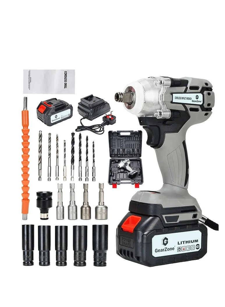 GearZone High Power Brushless Cordless Impact Wrench 21V with 2 Batteries and Tool Box (Professional Grade, Adjustable Torque) upr96