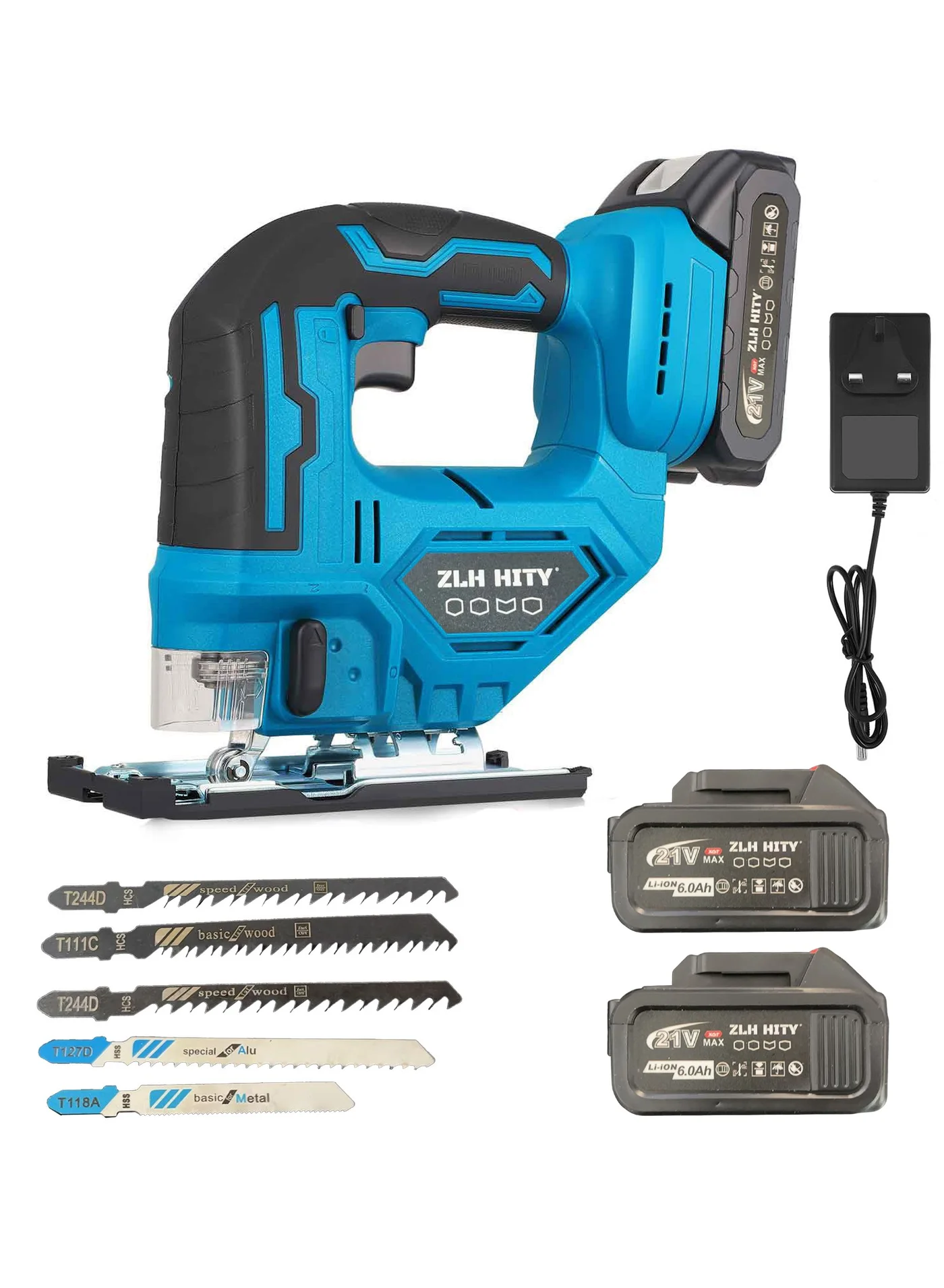 ZLH HITY 21V Cordless Jigsaw Brushless Motor Power Tool with Variable Speed and LED Light (2 Batteries) 1qn13