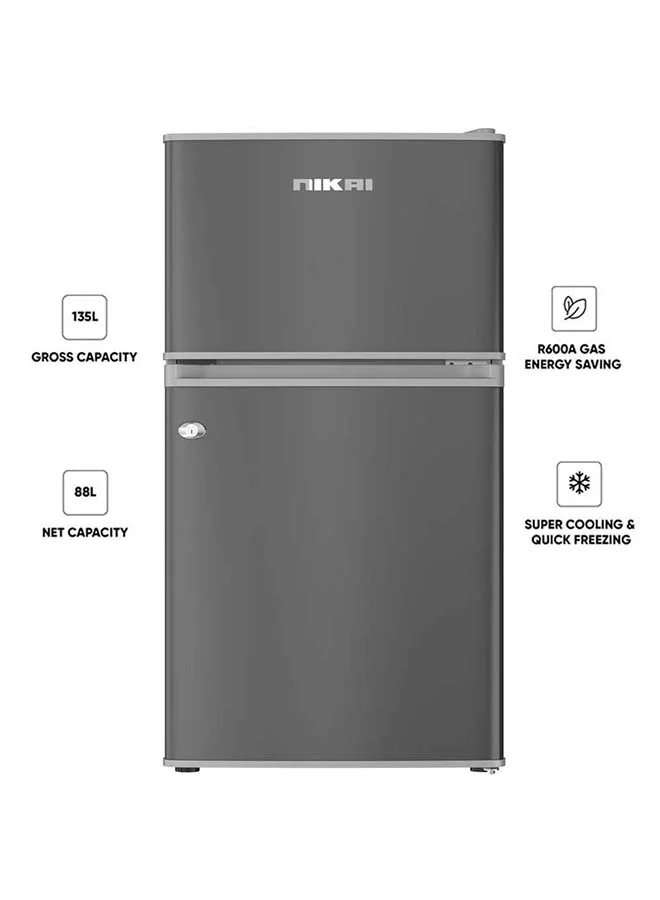 Nikai Double Door Mini Refrigerator with Vegetable Crisper and Adjustable Glass Shelves (Grey, 135L) 4mzhj