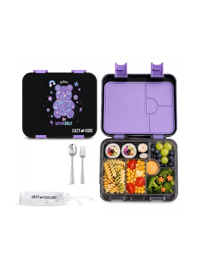 Eazy Kids Convertible Bento Lunch Box with Stainless Steel Cutlery Set (Black, 6-Compartment) jwdu5