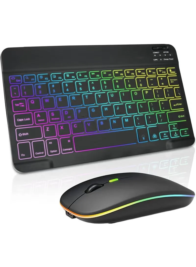 Rock Pow Ultra-Slim Bluetooth Keyboard and Mouse Combo with 7-Color Backlit Rechargeable Wireless Set for Tablets and Smartphones (1 Set) 3zr1m
