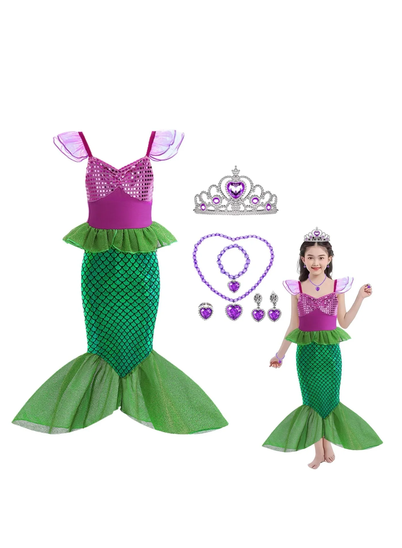 Mermaid Princess Queen Costume Dress with Accessories for Girls Birthday Party (Multicolor, 120cm) oifu1