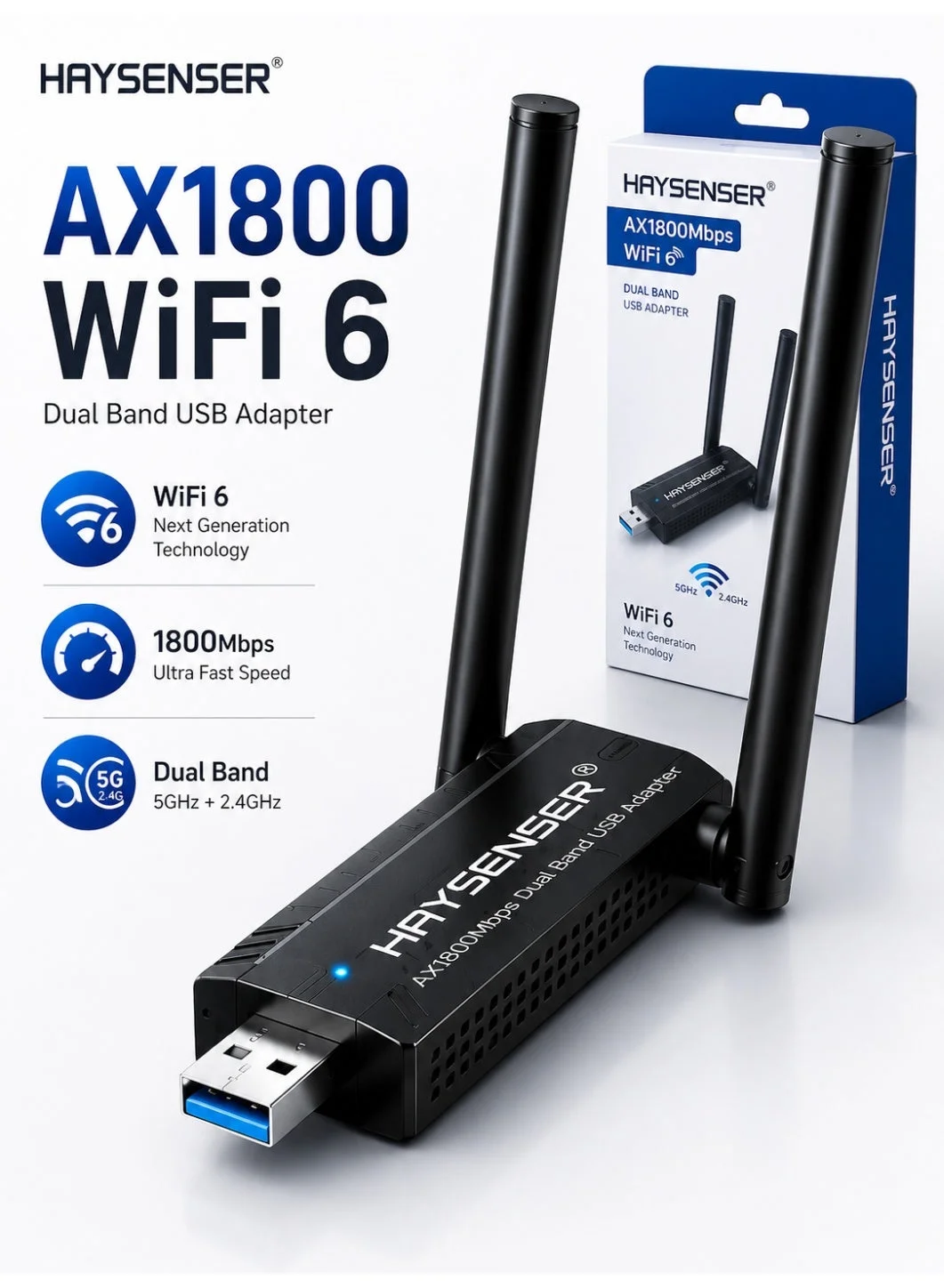 Haysenser AX1800 WiFi 6 USB Adapter Dual Band Wireless Dongle with High Gain Dual Antenna for PC and Laptop (USB 3.0, 1800Mbps) wyvwv