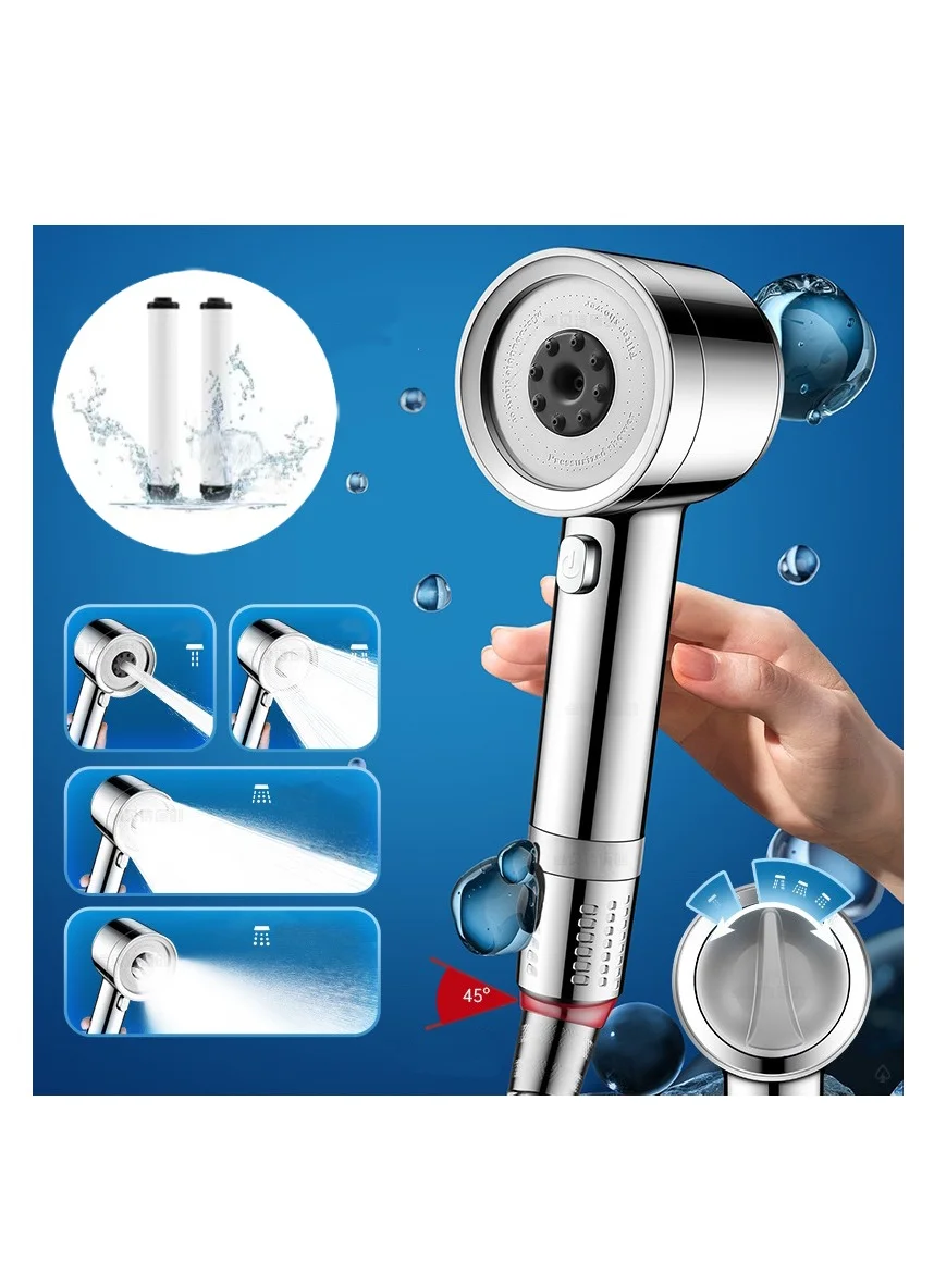 Premium High Pressure Handheld Shower Head with Cotton Filter (4 Modes, Water Saving, Chrome Silver) qoejs