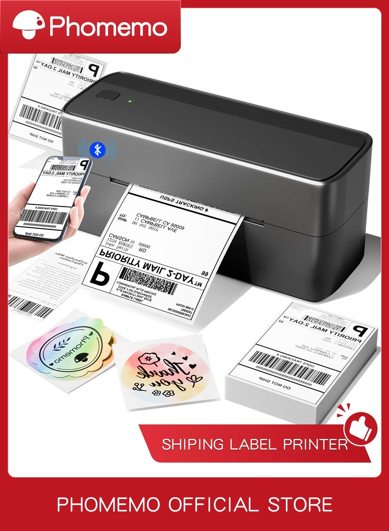 Thermal Label Printer Wireless Bluetooth Shipping Label Maker for Small Business (Black, 10 cm x 15 cm) 00hpe