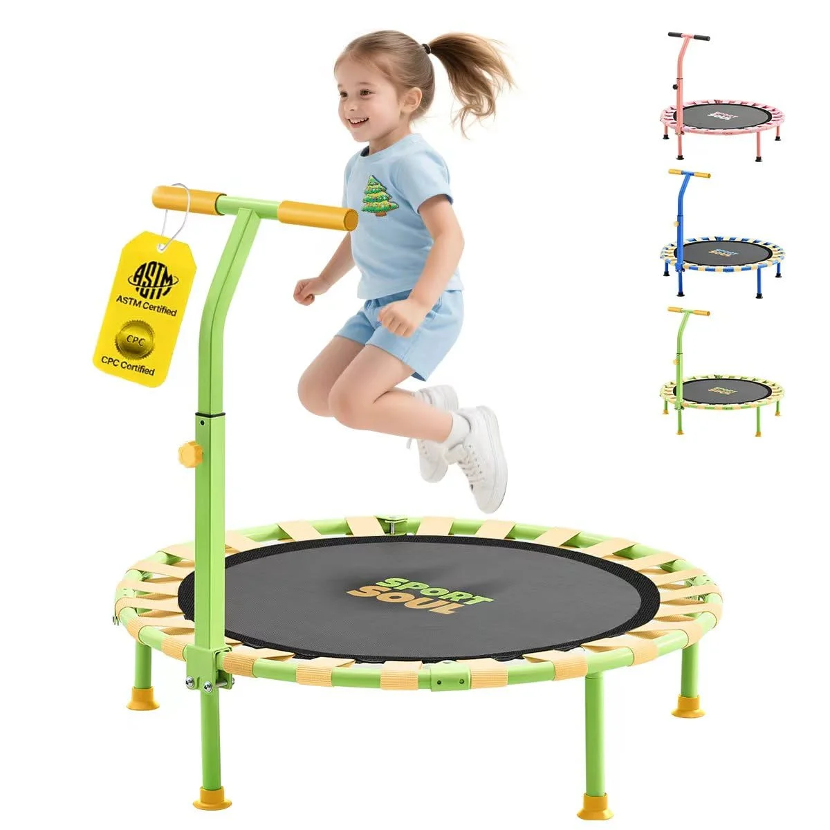 SPORTSOUL Mini Trampoline for Kids, Foldable Spring-Free Indoor Outdoor Rebounder with Adjustable Handle Bar (91 cm) hxq3r