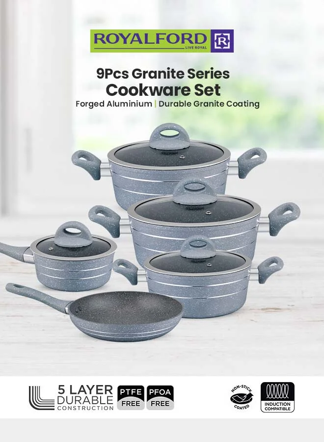 Royalford 9-Piece Smart Forged Aluminium Cookware Set with Marble Coating and Induction Base (Grey, 9 Pcs) ukjye