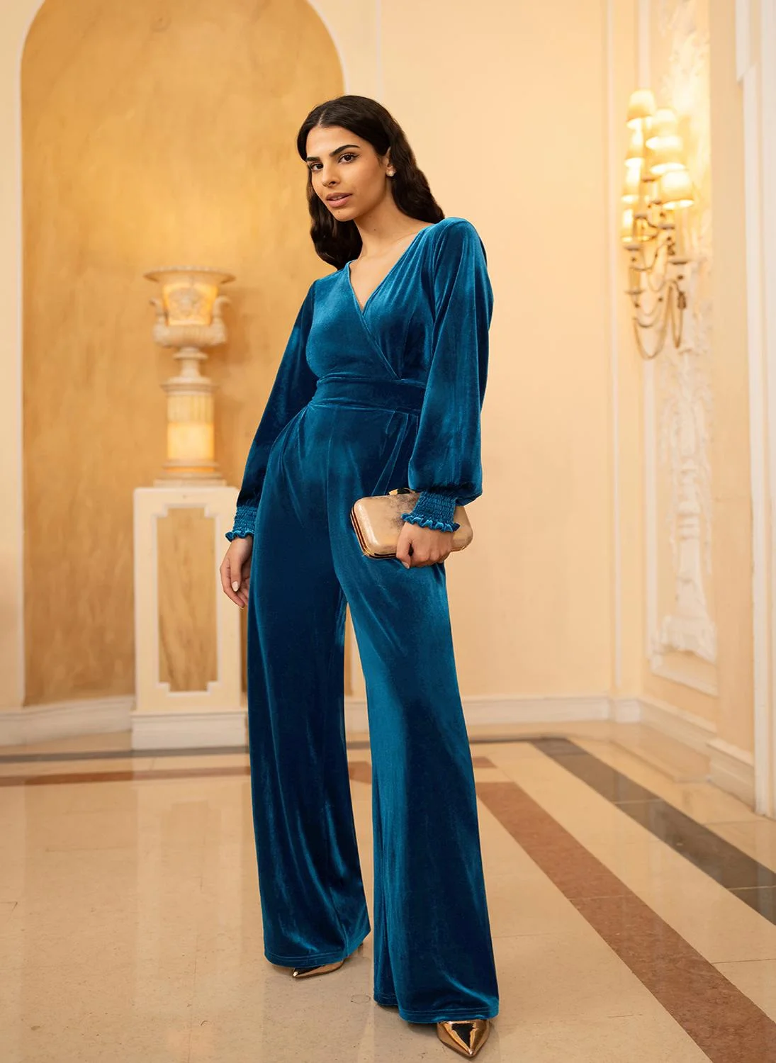 Premium Velvet Long Sleeve Jumpsuit Elegant Evening Wear for Women (Teal, Medium) 892qe