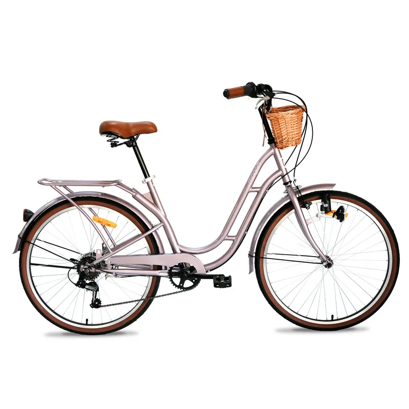 MOGOO Vintage City Bike for Women and Girls, Durable Steel Step-Through Frame with Wicker Basket and LED Headlight (Lavender, 24-Inch) sq35x
