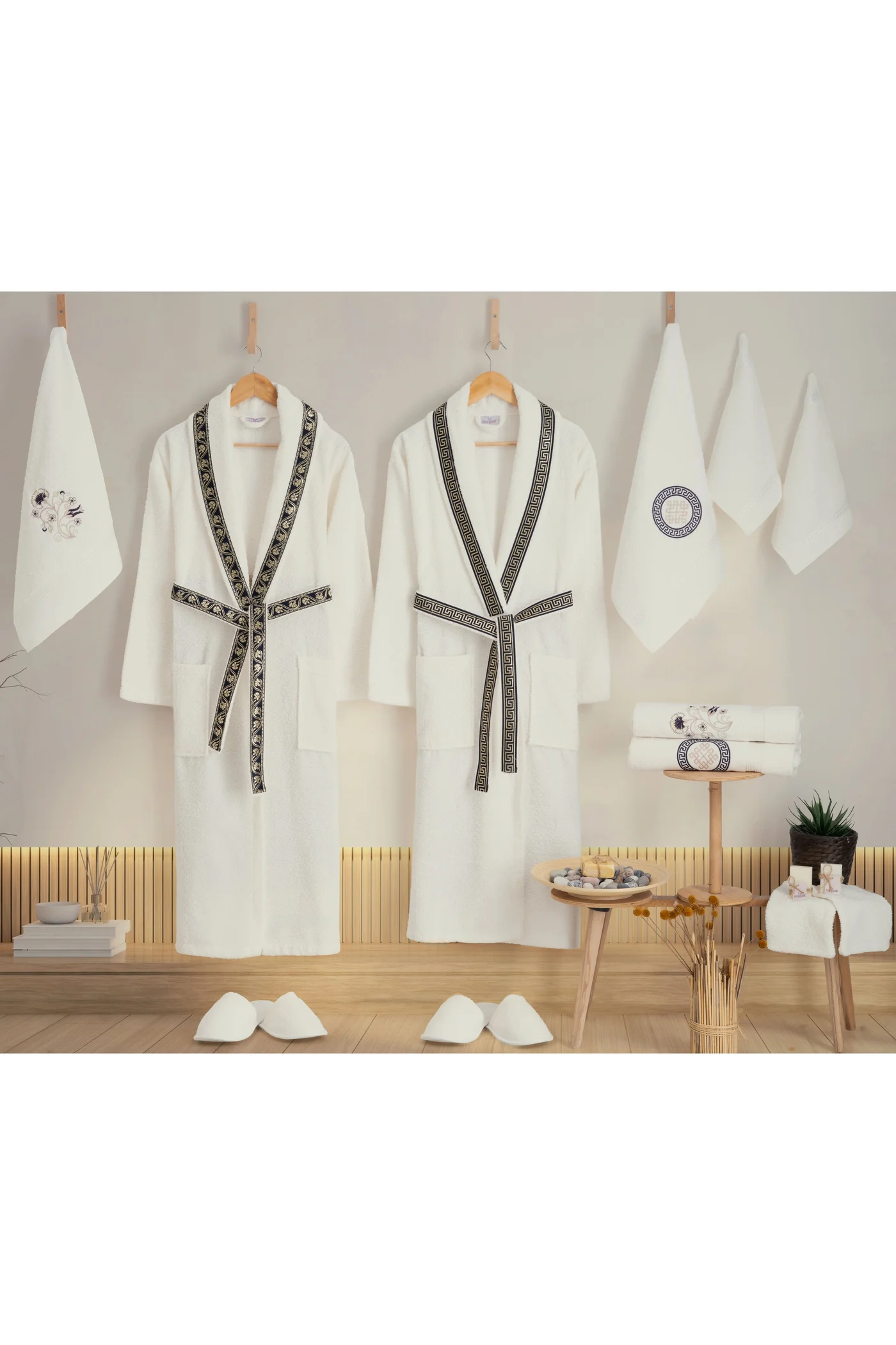 Nurpak Premium 16-Piece Turkish Cotton Family Bathrobe and Towel Gift Set (Dark Navy and Off White, 16-Piece Set) 4gzbd