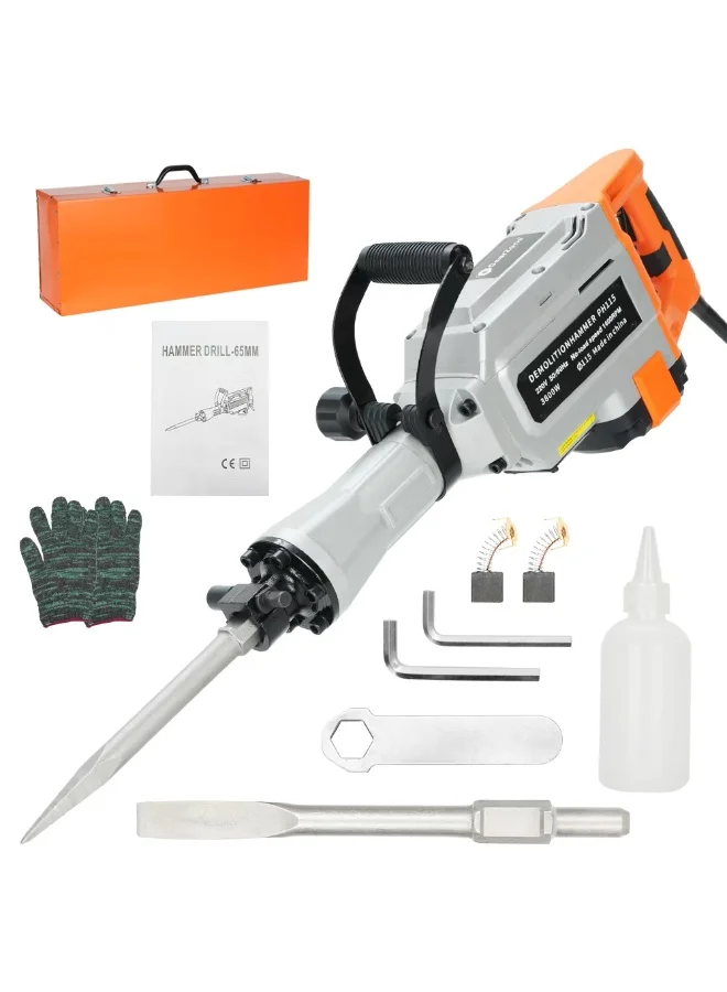 GearZone Electric Demolition Jack Hammer (3800W, 1400RPM, Heavy-Duty Concrete Breaker with 2 Chisels and Gloves) ekik8