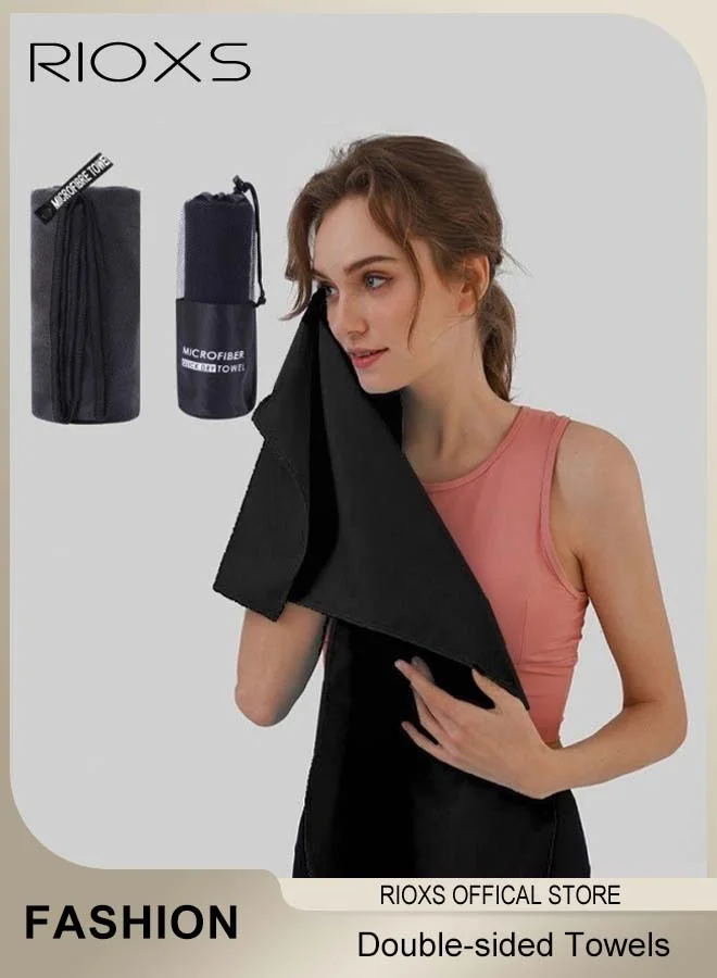 RIOXS Double-Sided Microfiber Towel, Quick-Dry Lightweight Bath Sheet for Travel, Gym, and Swimming (Black, 160 cm x 80 cm) ekzgg