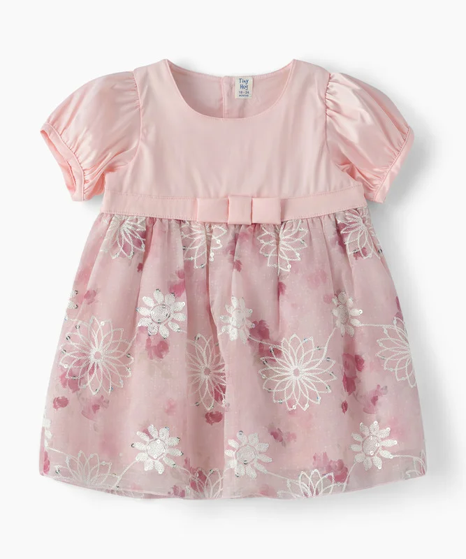 Tiny Hug Baby Girls Floral Embroidered Party Dress with Puff Sleeves and Bow Detail (Pink, 12 Months) r0ojs