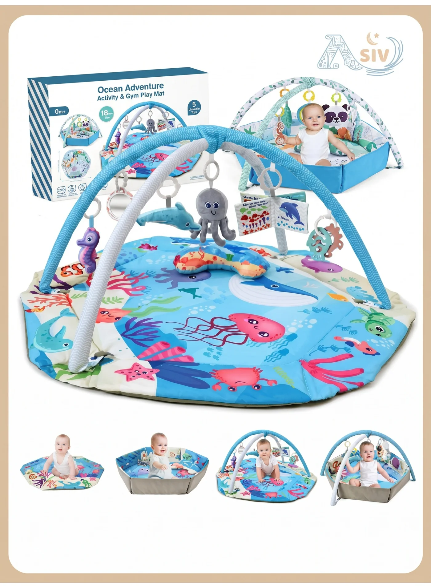 ASIV 4-in-1 Baby Activity Gym Play Mat with Sensory Toys and Ball Pit (Multicolor, 1 Set) t9jdi