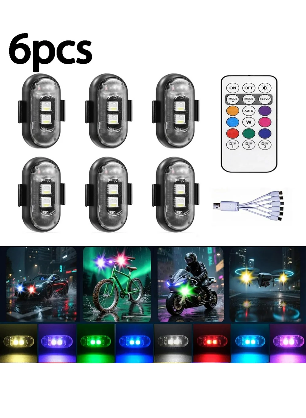 PULUZ Wireless LED Interior Car Lights (8 Colors, 6-Piece Set) Rechargeable Strobe Lighting for Vehicle Motorcycle Decor f6qtz