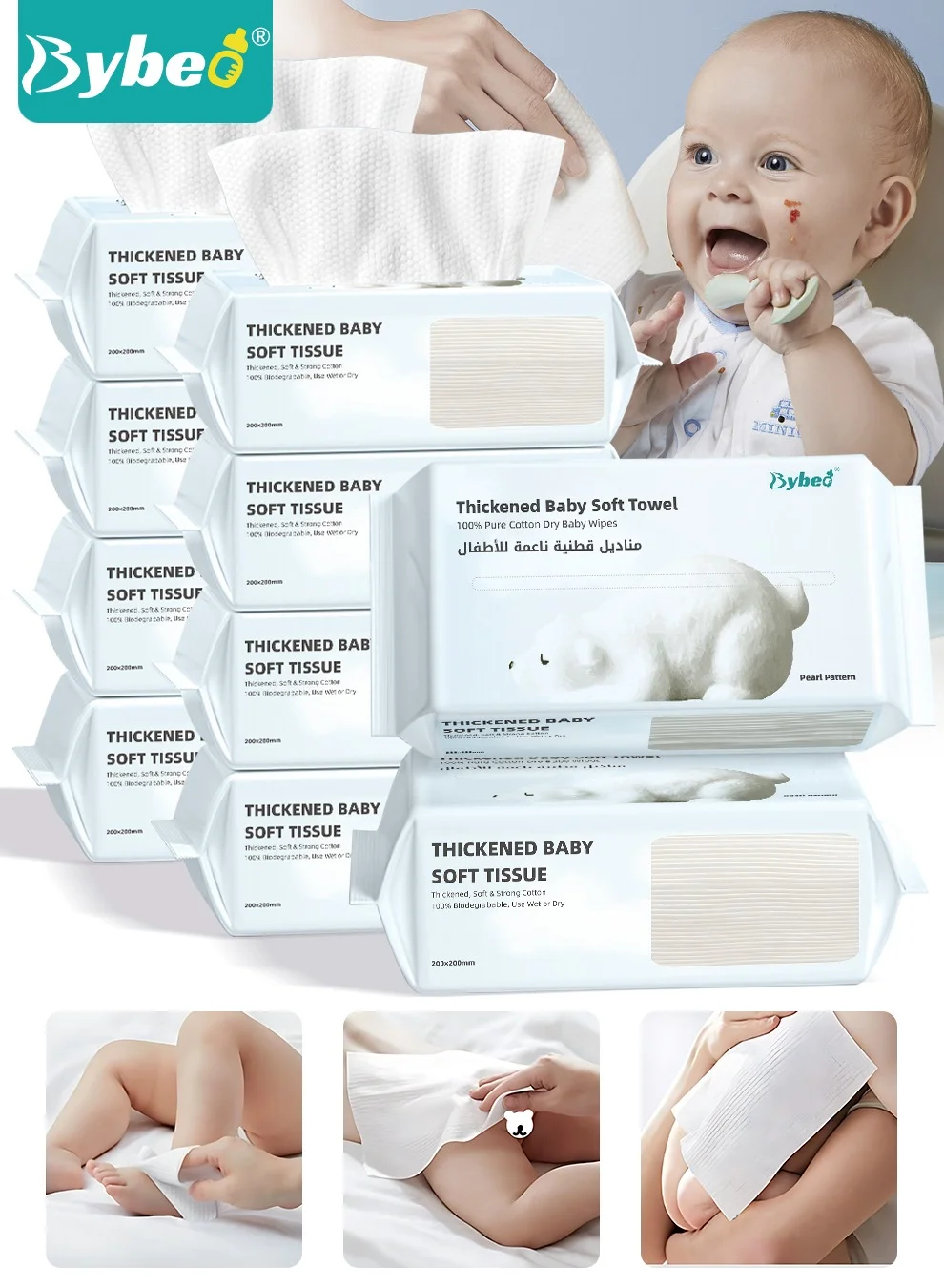 Bybeo Premium Baby Cotton Tissues Soft Disposable Dry Wipes for Sensitive Skin (10 Packs, 360 Count) ptkt2