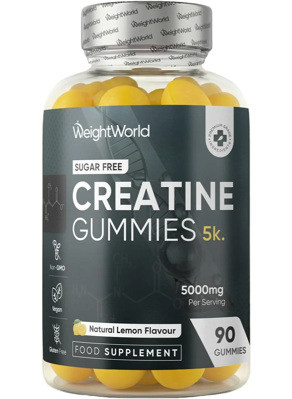 WeightWorld Creatine Monohydrate Gummies for Women & Men - Sugar-Free Vegan Supplement - Natural Lemon Flavour (90 Gummies) zhwrs