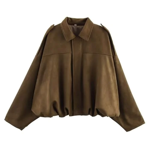 CUFEZN Womens Faux Suede Bomber Jacket Oversized Streetwear Lapel Long Sleeve Motorcycle Coat (Brown, Small) ibp37