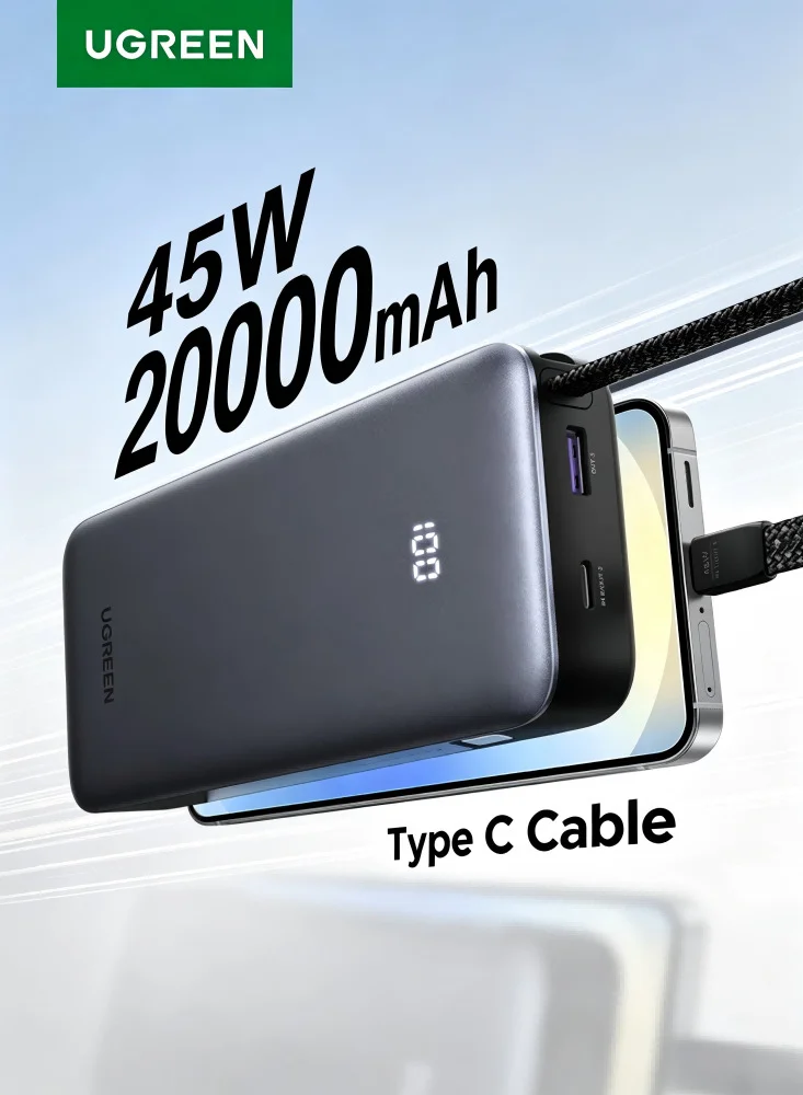 Ugreen 20000mAh 45W Portable Charger Power Bank with Built-in Type C Cable LED Display (Black, 20000mAh) d3cy4