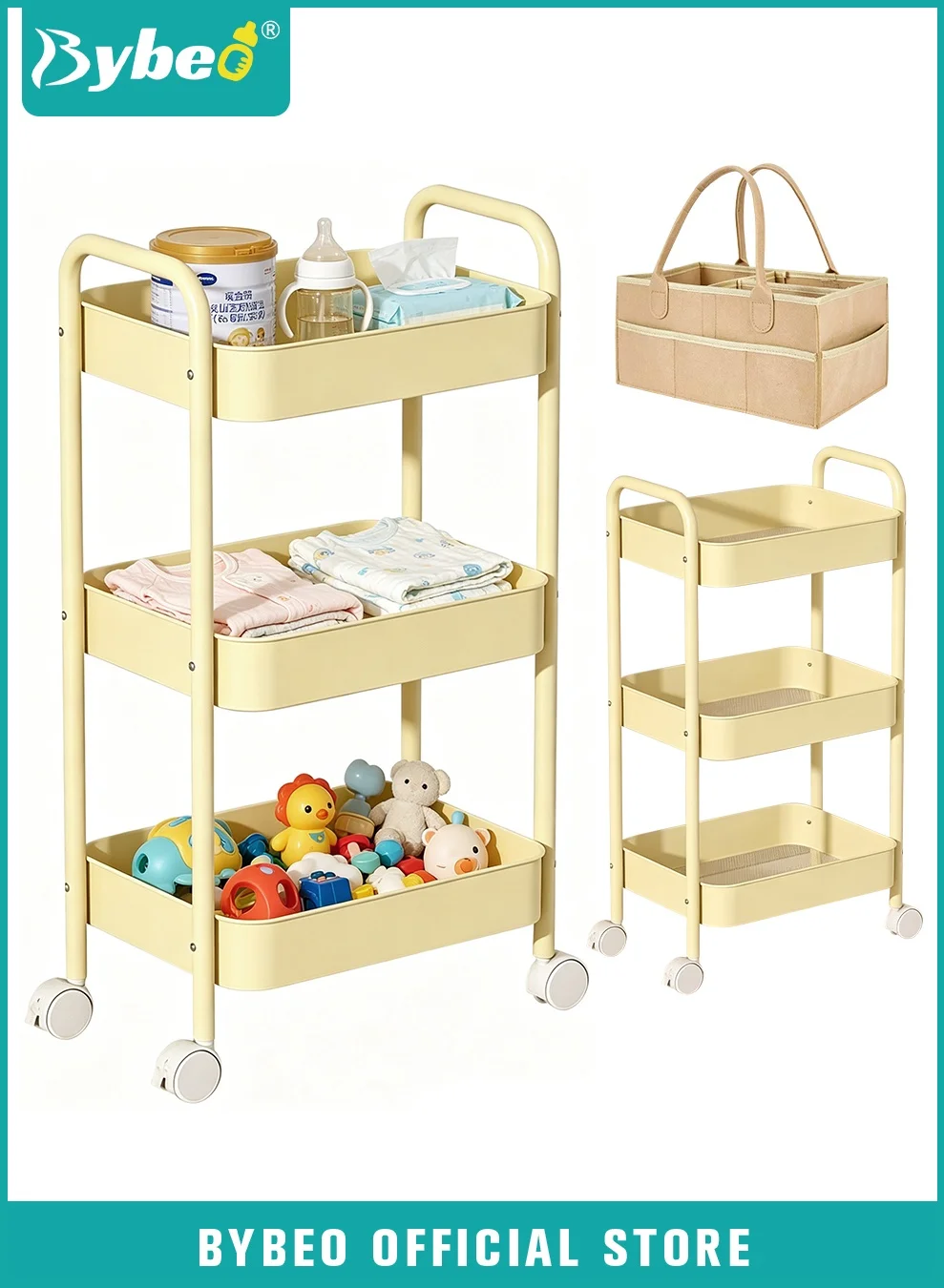 Bybeo 2-in-1 Baby Diaper Cart and Nursery Organizer, 3-Tier Mobile Utility Trolley with Detachable Caddy (White, 80 cm x 45 cm x 30 cm) 256x7