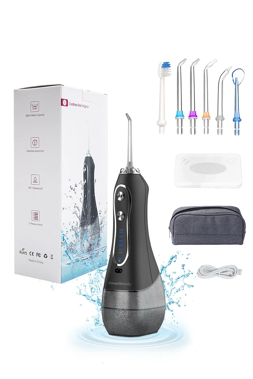 KinseiBeauty Portable Cordless Dental Water Flosser with 5 Modes and 6 Replaceable Tips (300mL) 7s5ht