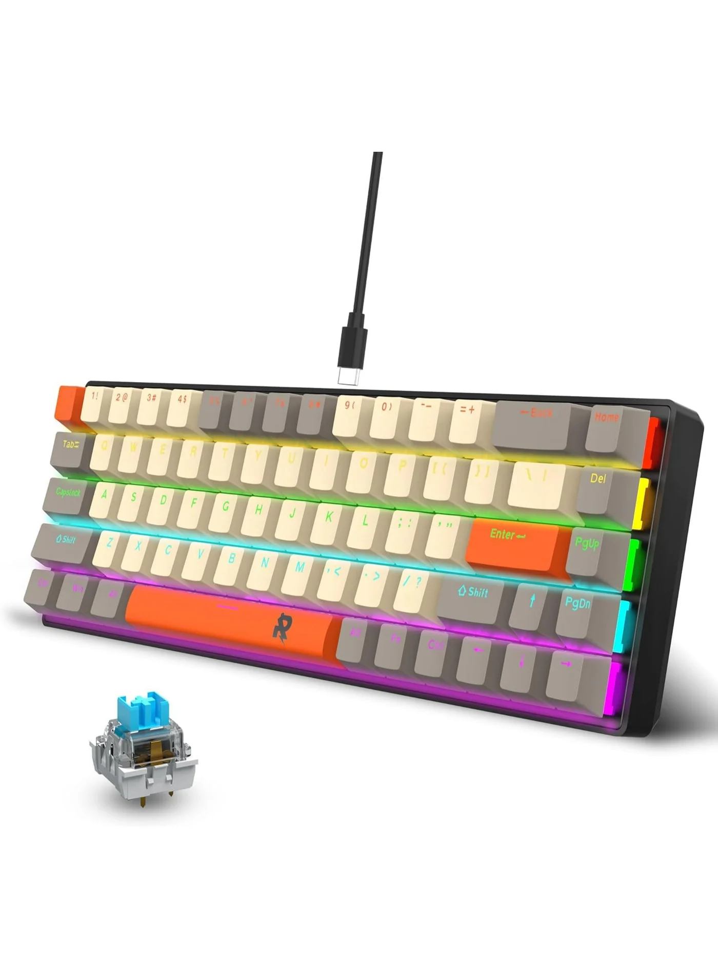Rock Pow 68-Key Mechanical Gaming Keyboard Ultra-Compact RGB Backlit Wired Keyboard for PC and Mac (60% Layout) fgvq6