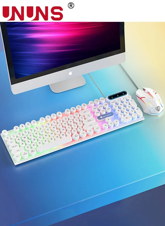 UNUNS Retro Mechanical Wired Keyboard 104 Round Keys Full Size Premium Gaming Peripheral for PC Mac Laptop (White) 9979q