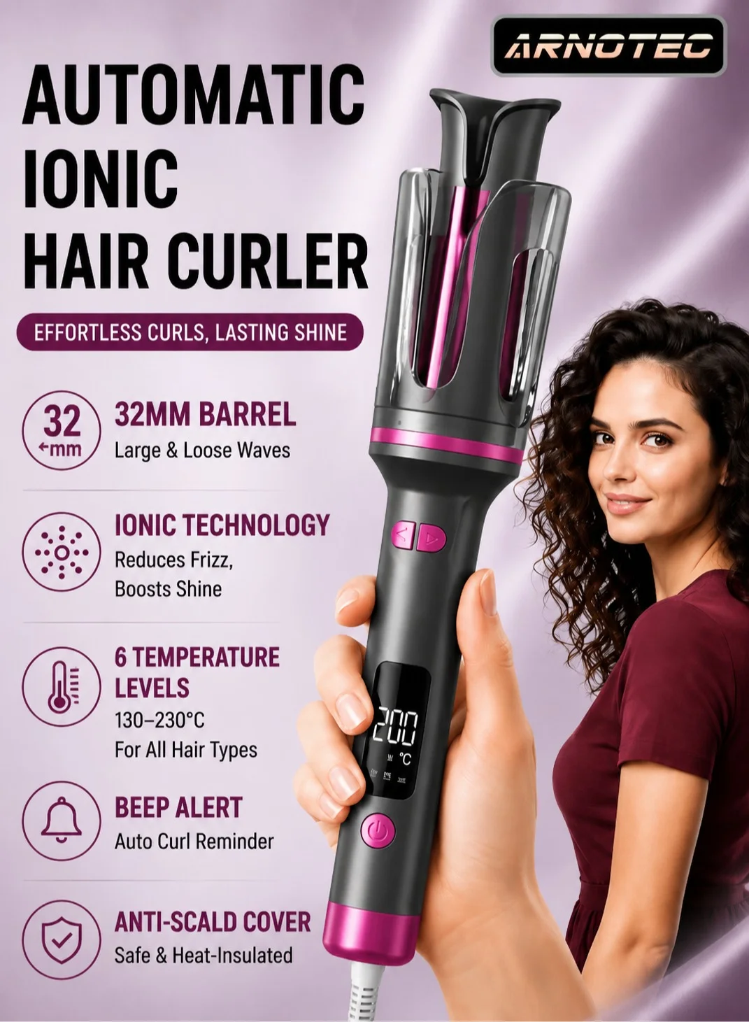 ARNOTEC Automatic Ionic Hair Curler with Ceramic Coating and 6 Temperature Levels (32mm, 130¨C230¡ãC) 18by3