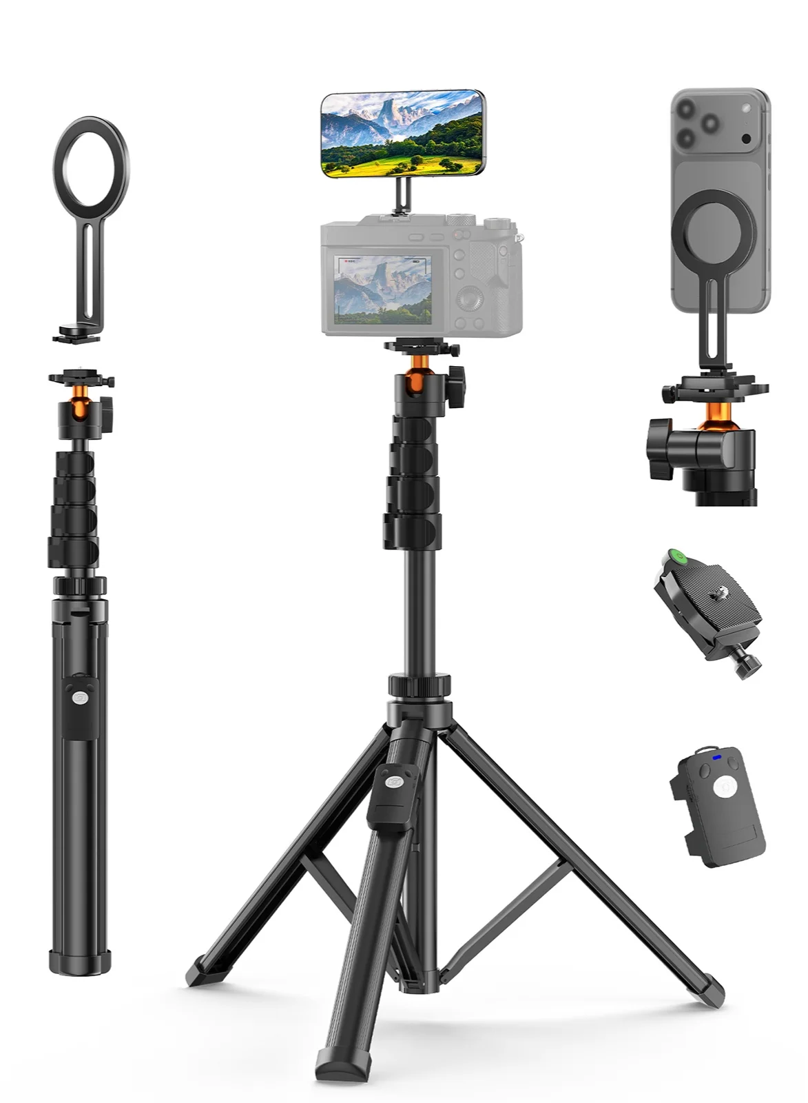TONEOF Magnetic Phone Camera Tripod Stand with Remote and Holder (173cm, Black) Premium Tall Tripod for Photography and Video Recording 199bz