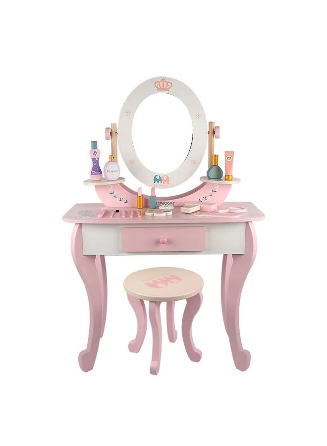 JSAITOYS Wooden Pretend Play Makeup Vanity Table and Chair Set for Kids (Pink, 16-Piece Accessory Set) 9usnn