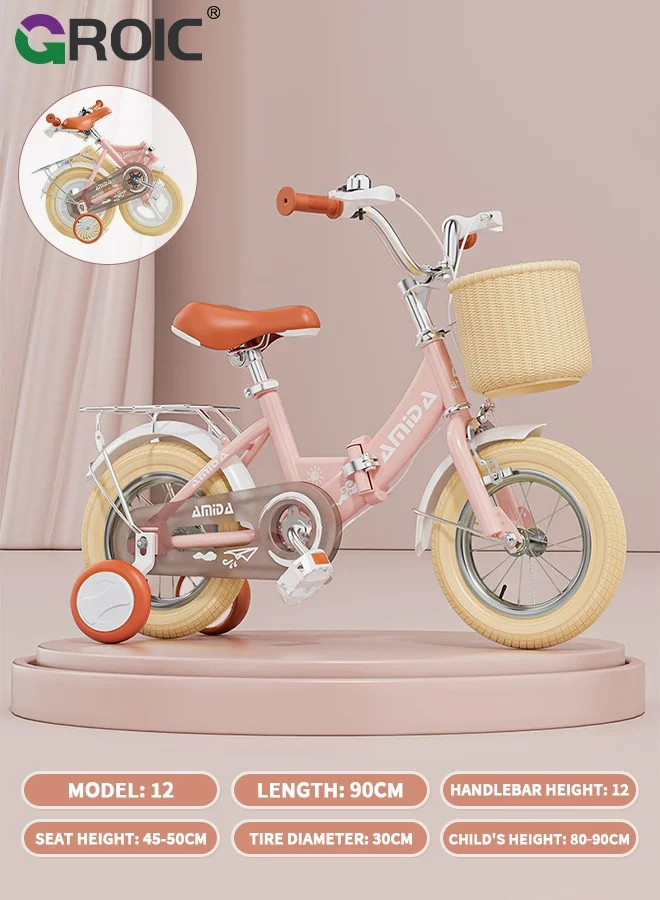 GROIC British Style Folding Kids Bicycle with Training Wheels and Basket (Pink, 12-inch) 4ezp0