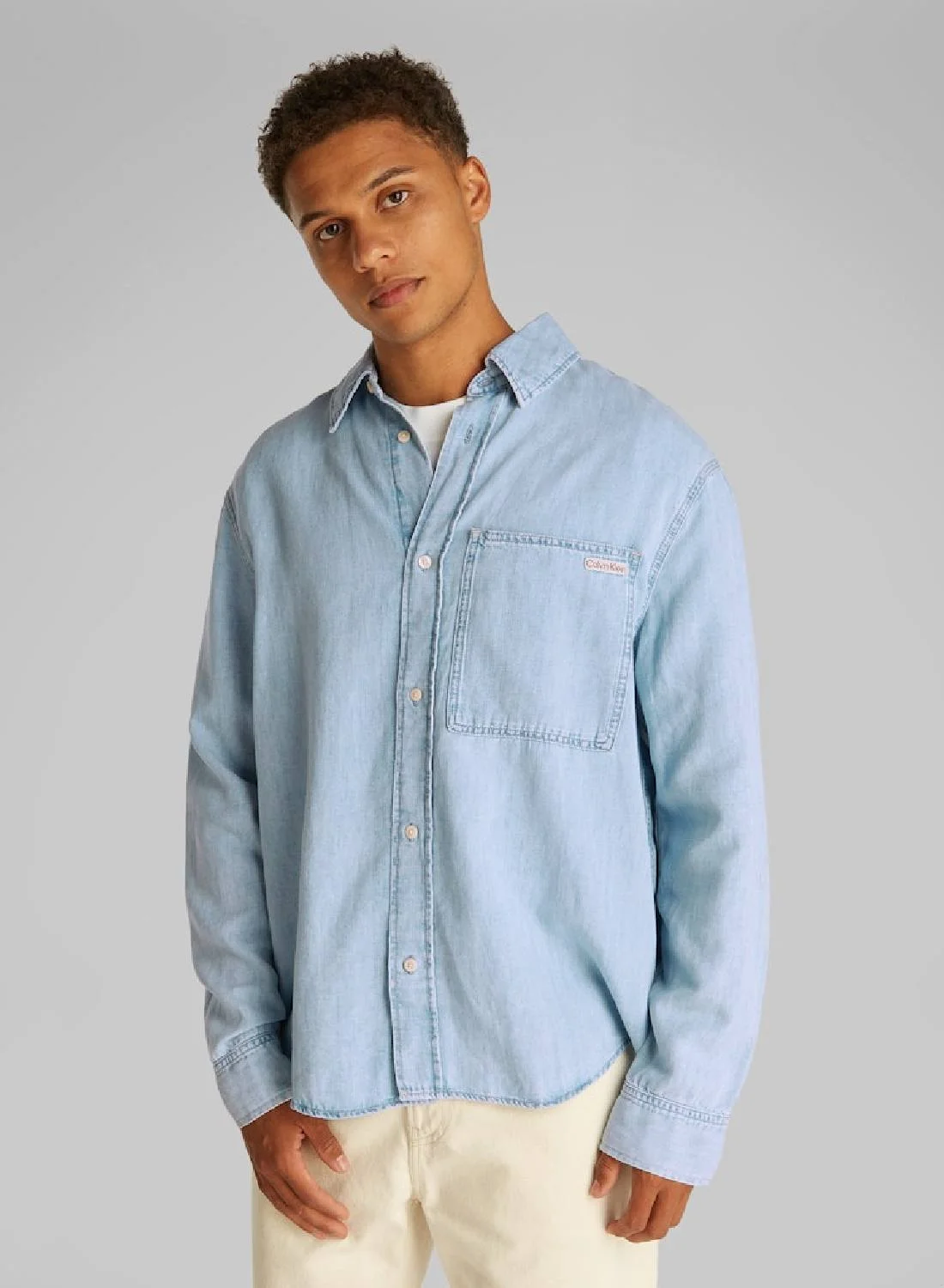 Premium Denim Shirt Long Sleeve Button-Down Casual Top for Men (Blue, Large) u7ihf