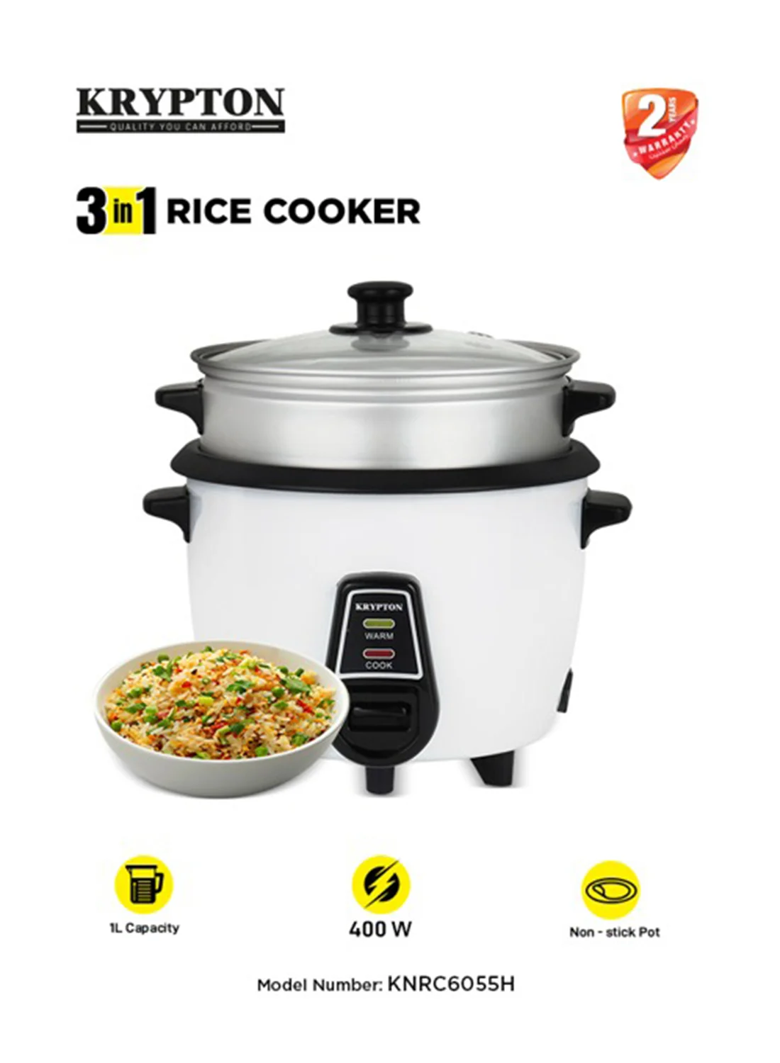 KRYPTON Electric Rice Cooker 3-in-1 Multi-Functional Pot with Non-Stick Inner Bowl (White, 1 L) qzs0m