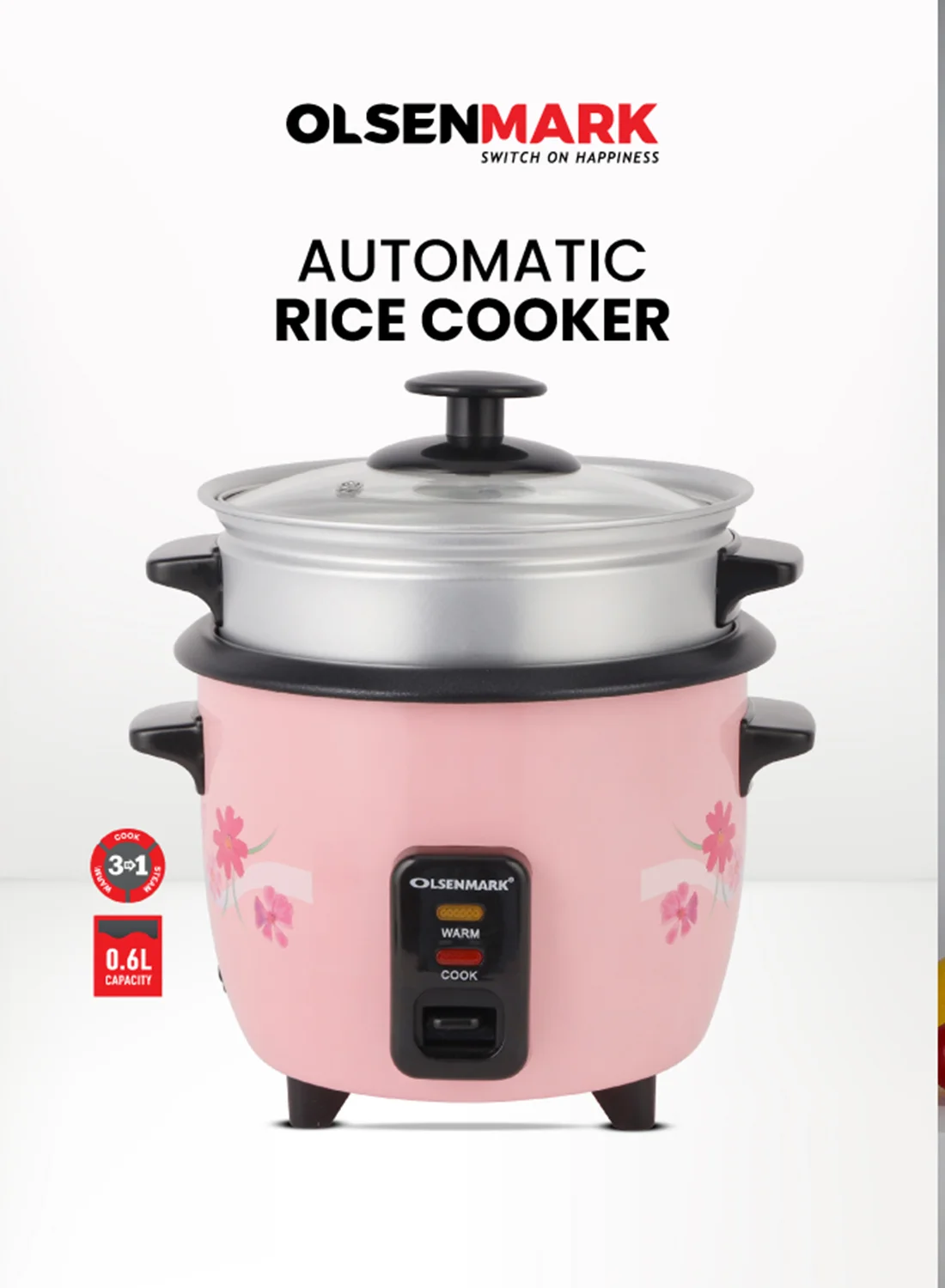 Olsenmark Multifunctional Rice Cooker with Non-Stick Inner Pot and Tempered Glass Lid (Pink, 0.6 L) jedto