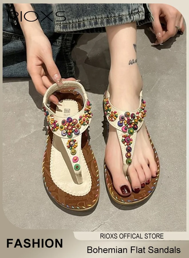 RIOXS Bohemian Beaded Flat Sandals for Women, Comfortable Ankle Strap Thong Beach Shoes (Brown, 38) 0ng7x