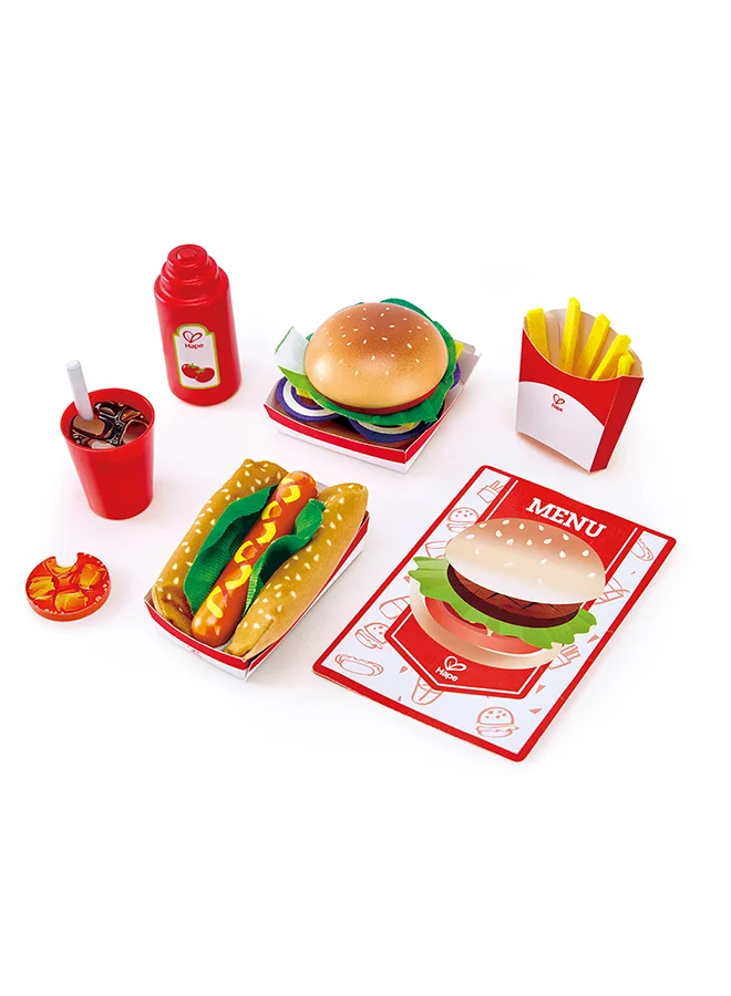 Premium Wooden Fast Food Play Set Classic Diner Meal Toy for Kids (Burger, Fries, Hotdog, Cola) lksgn