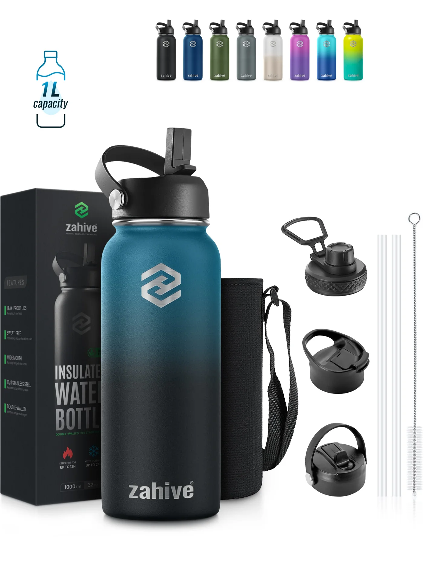 Zahive Insulated Stainless Steel Water Flask with Straw and 3 Lids (Blue, 1000 mL) 43nfw