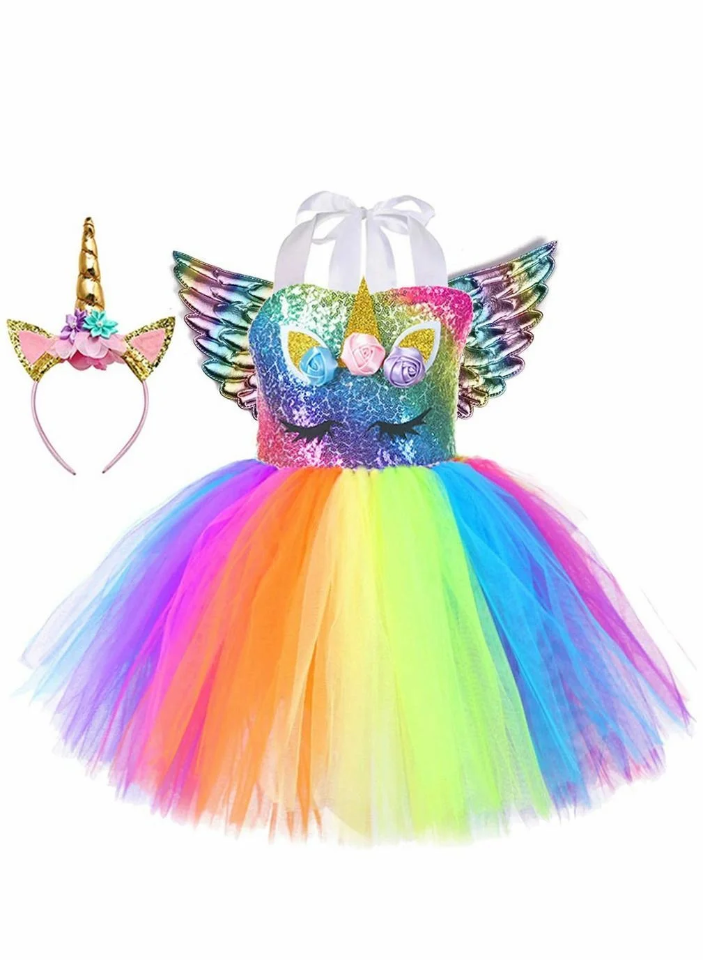 XiuWoo Unicorn Tutu Dress for Girls Sequin Costume with Headband (Pink, 3-4 Years) 70x7w