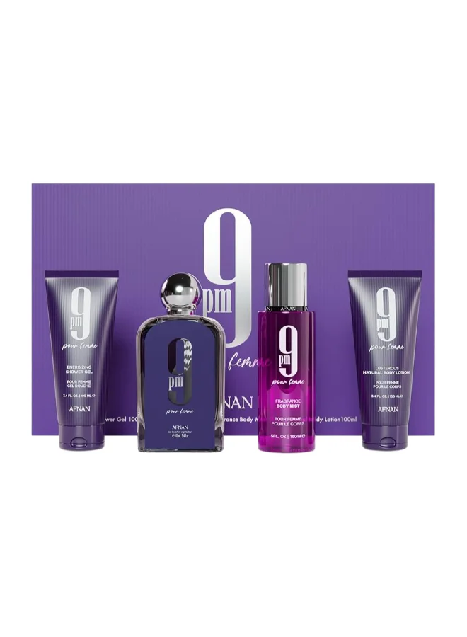 Afnan 9 Pm Femme Fragrance Gift Set for Women (Eau De Parfum 100 mL, Shower Gel 100 mL, Body Lotion 100 mL, Body Mist 150 mL) 853qk