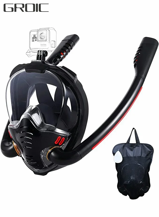 GROIC Full Face Snorkel Mask with Camera Mount 180 Degree Panoramic View Anti-Fog Snorkeling Gear for Adults (Black, One Size) 7laja