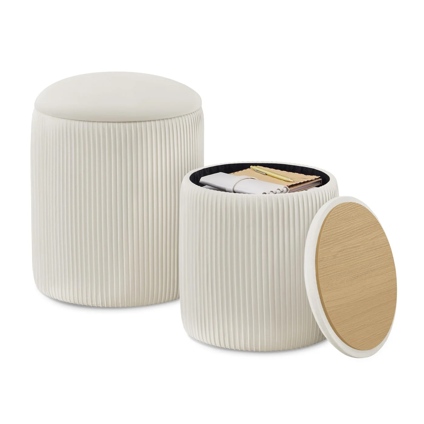 Premium Velvet Round Storage Ottoman Set (Cream White, 2-Piece) - Versatile Foot Stool for Living Room and Bedroom qp3v5