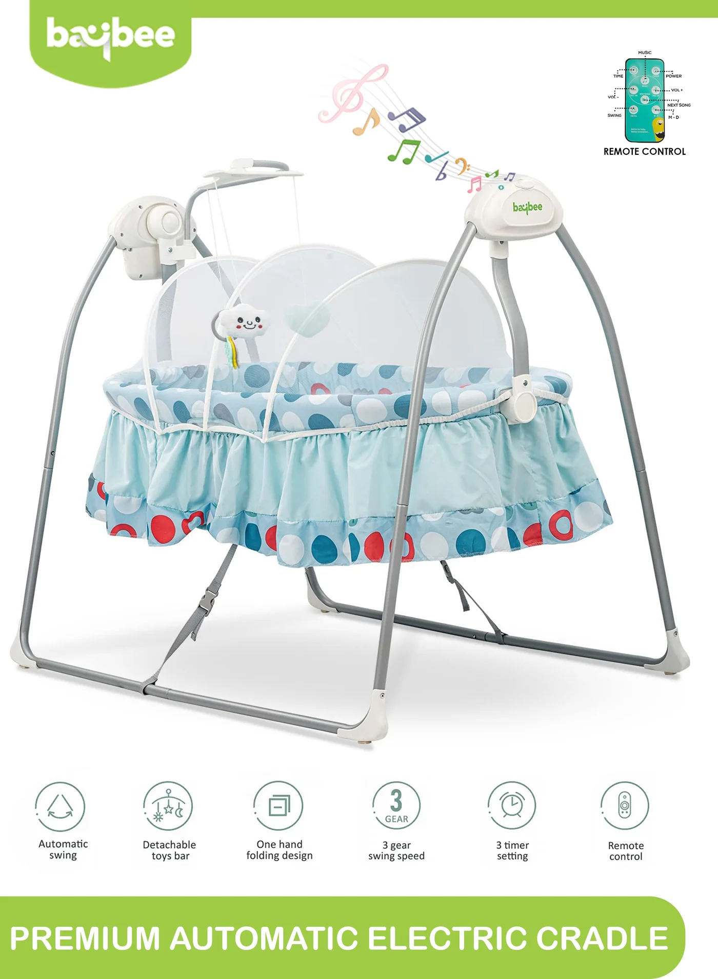 BAYBEE Electric Baby Swing Cradle with Mosquito Net and Remote Control (Blue, 1 Pack) 9doi6