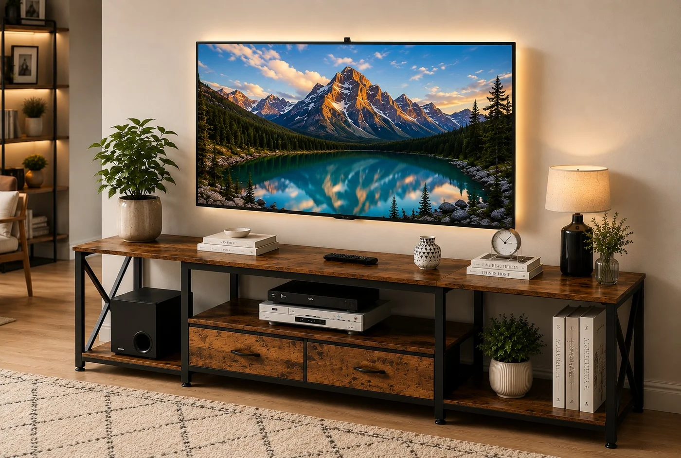 Yanara Industrial TV Stand with Fabric Drawers, Entertainment Center Console Table for 75 Inch TVs (Rustic Brown, 160cm x 55cm x 40cm) cbdbi