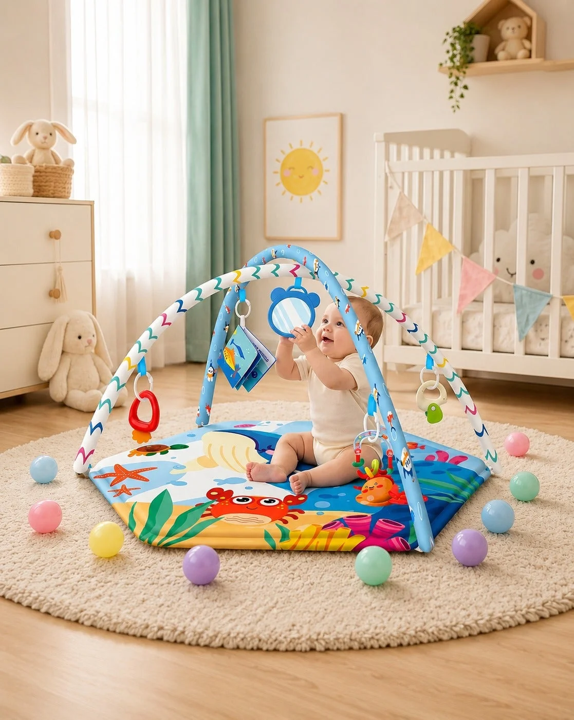 O2. Blue Whale Baby Gym Play Mat with 20 Balls and Hanging Toys (Blue, 80 x 80 cm) obih2