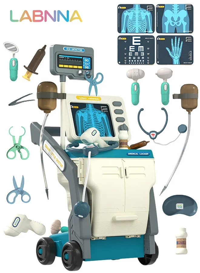 LABNNA Medical Playset with Rolling Cart and Simulation Doctor Tools (16-Piece Set, Kids) gab6o