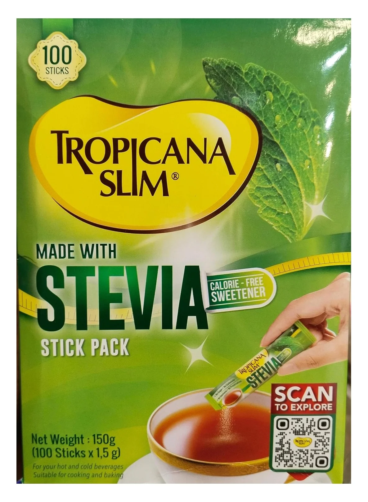Tropicana Slim Stevia Sweetener Sticks (Natural Sugar Substitute, Zero Calorie, 100 Sticks, 150 g) 0lmfd