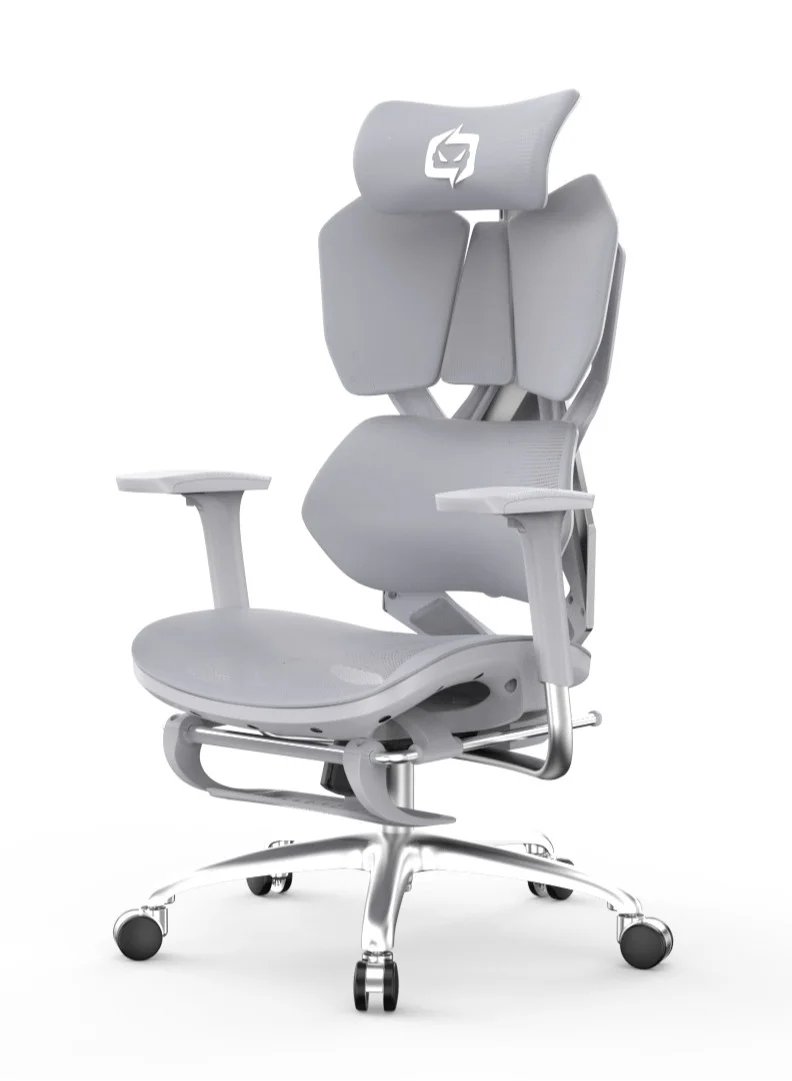 Premium Ergonomic Gaming Chair with Retractable Footrest and Adjustable Lumbar Support (Light Grey) r1k2q