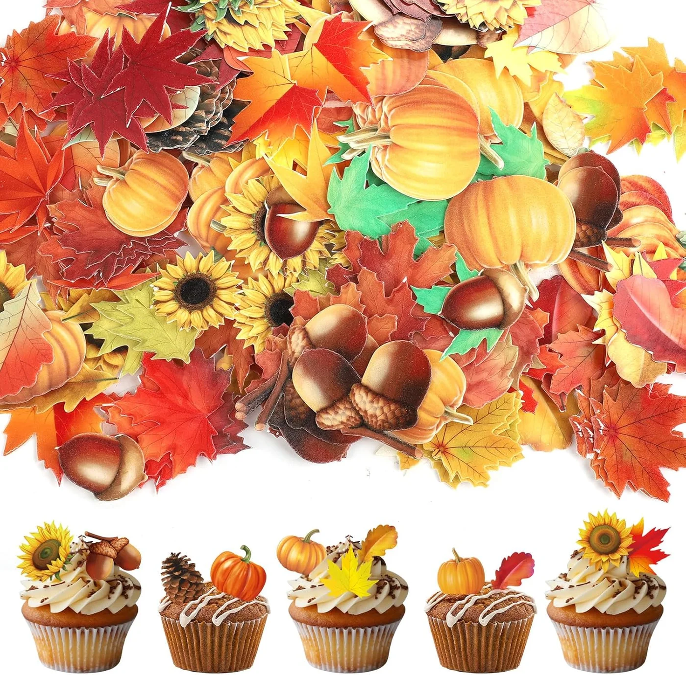 Lasuroa Edible Autumn Cake Decorations Set, Fall Themed Cupcake Toppers with Pumpkins Leaves and Sunflowers (280 Pieces) ybrm9